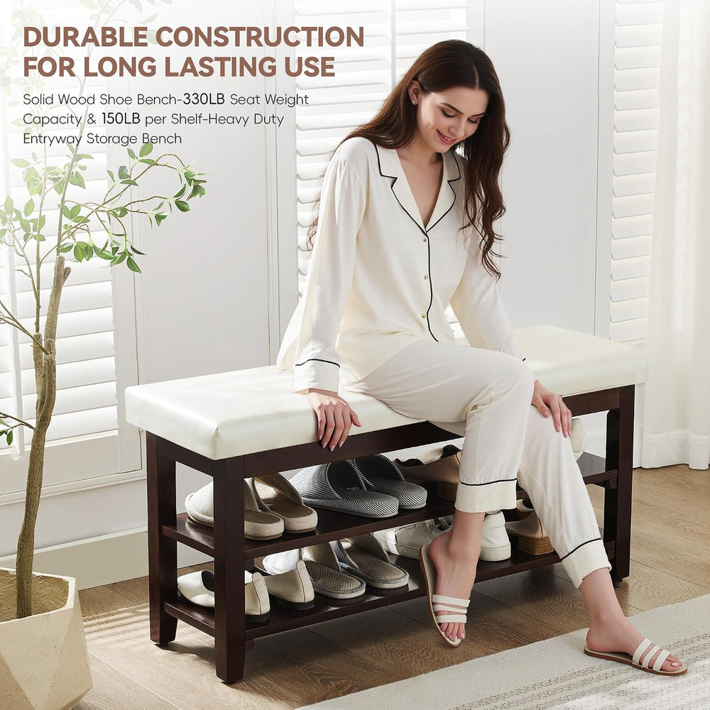 40" Shoe Bench with Leather Cushion, Upholstered Entryway Bench, Ivory