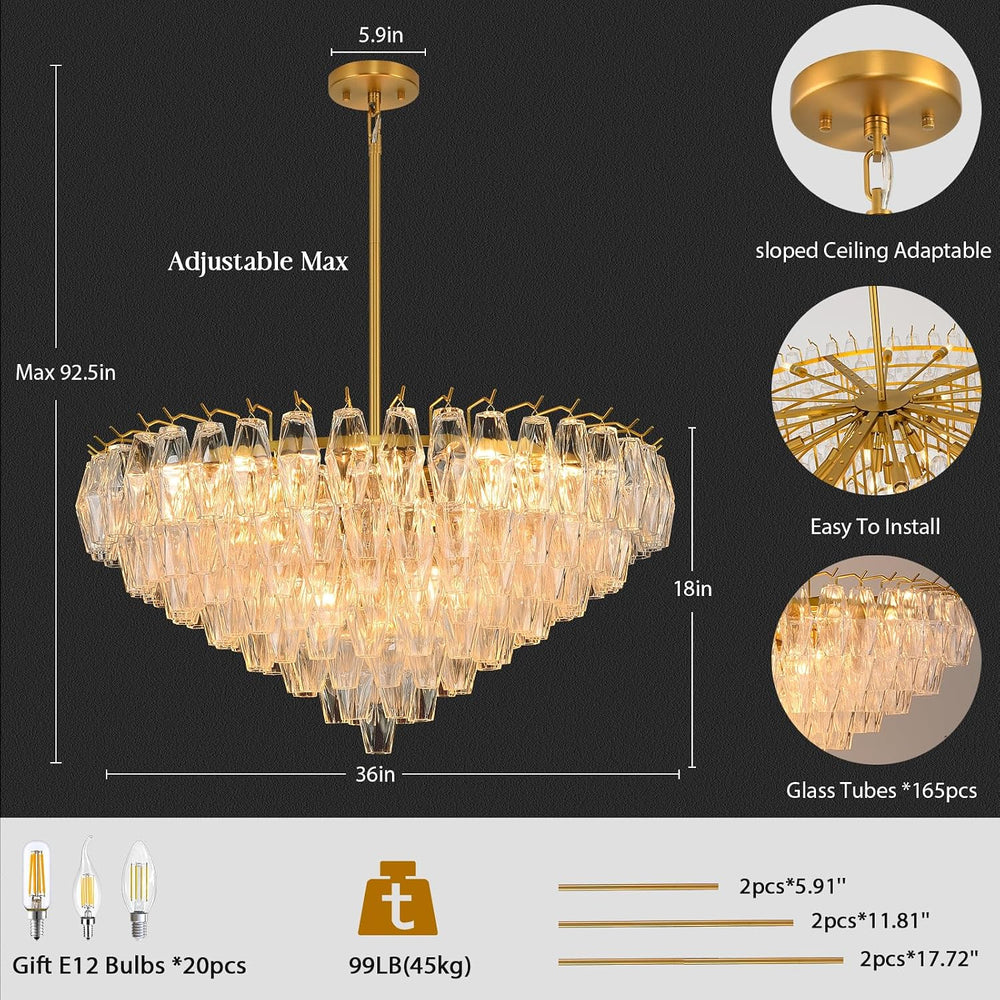 Gold Crystal Chandelier, 36" Modern Luxury Round Glass Crystal 8-Tier Ch...