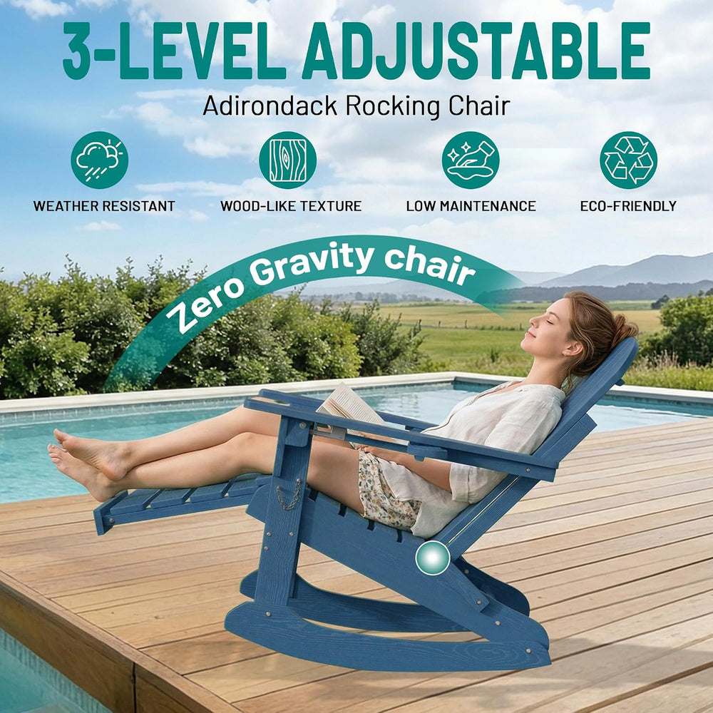 PLUUV Folding Adirondack Rocking Chair with Retractable Ottoman, Navy Blue