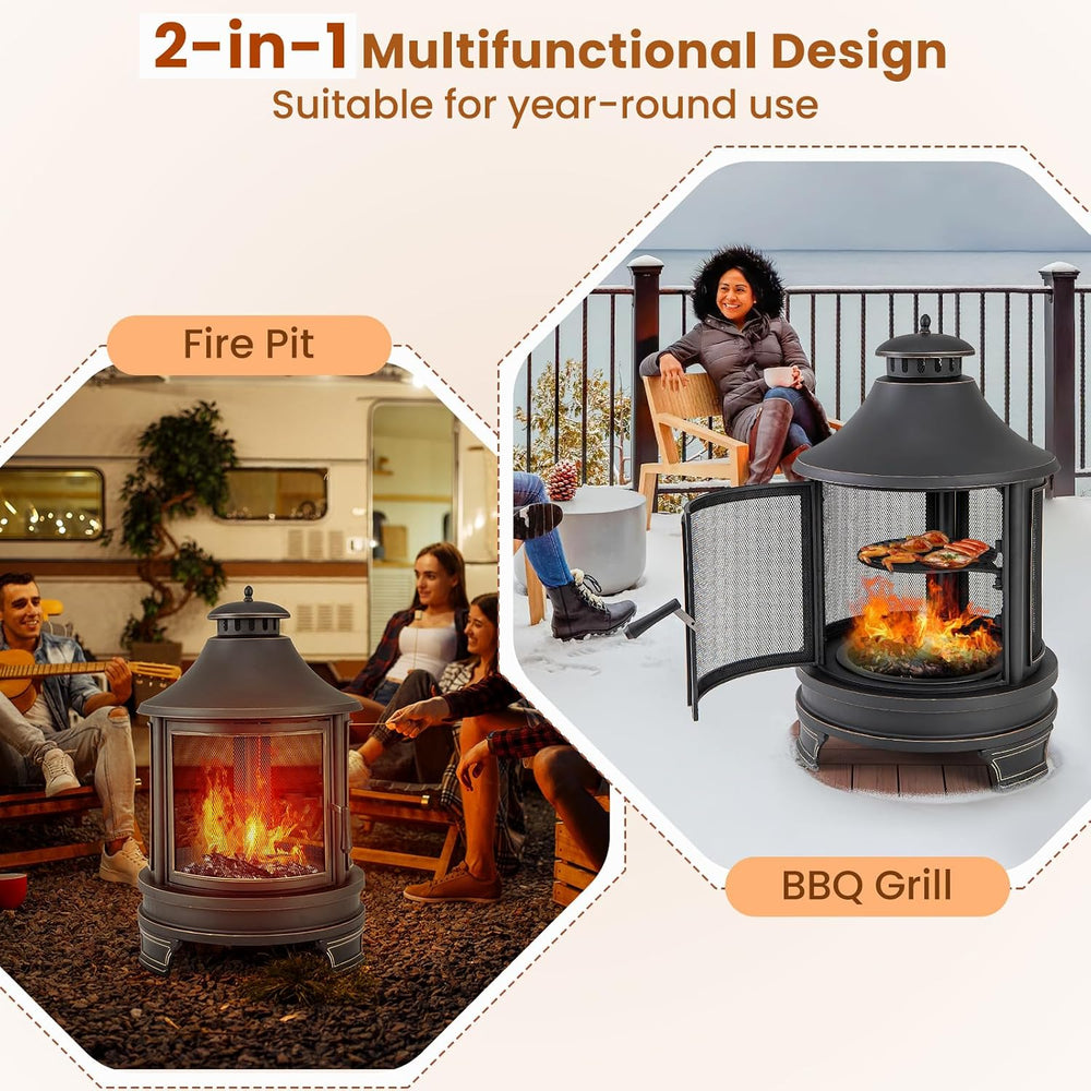 Giantex 2 in 1 Outdoor Fire Pit with Grill, 30 Inch Metal Chiminea, Wood Burn...