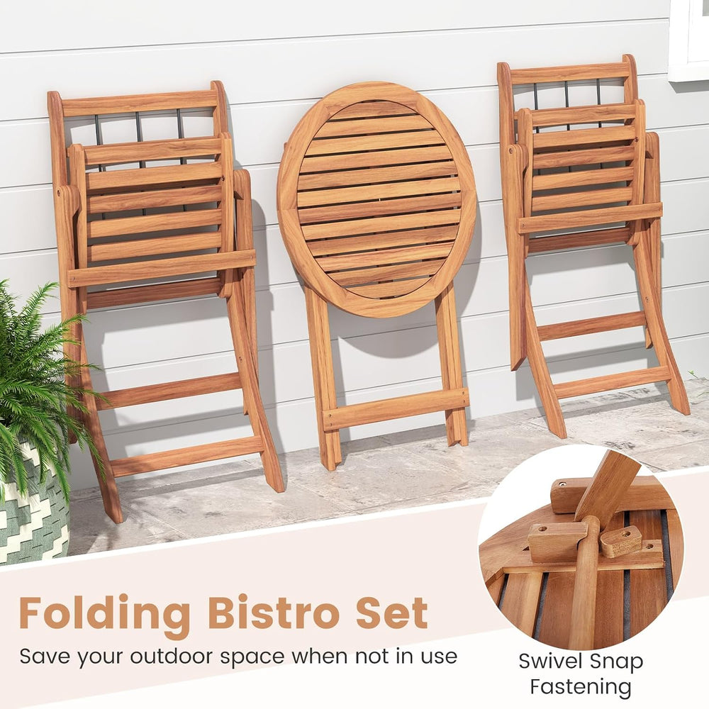 HAPPYGRILL 3 Pieces Acacia Wood Patio Bistro Set, Folding Outdoor Table and C...