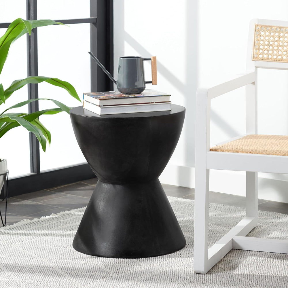 SAFAVIEH Outdoor - Athena Accent Stool - Black Concrete - Sculptural Drum Des...