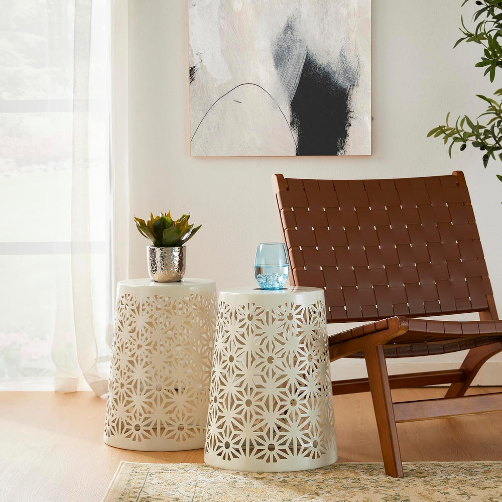 Glitzhome Ourdoor Side Table Set of 2,Solar Iron Cutout Geometric Pattern Dec...