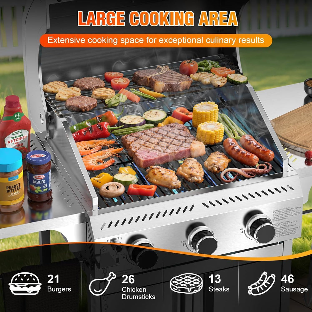 Electactic Propane Gas Grill, 3-Burner 24,000 BTU Stainless Steel BBQ Grill w...