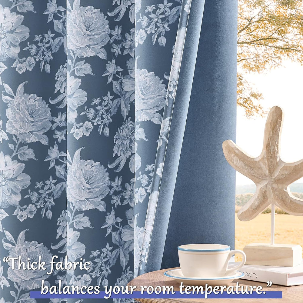Blue Floral Curtains 96 Inches Long 2 Panels for Living Room Grommet Modern M...