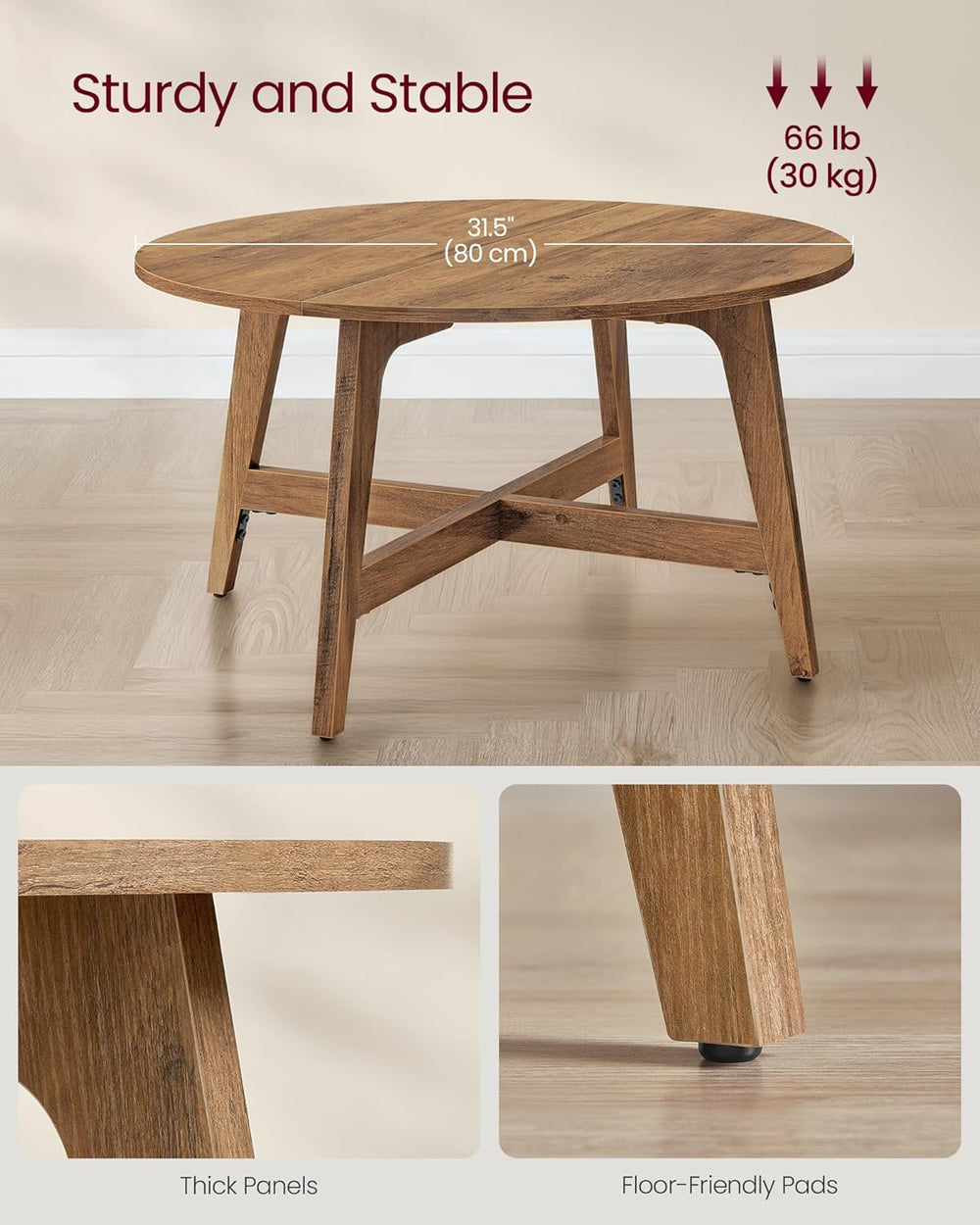 VASAGLE Round Coffee Table, 31.5-Inch Center Table, Tapered Legs