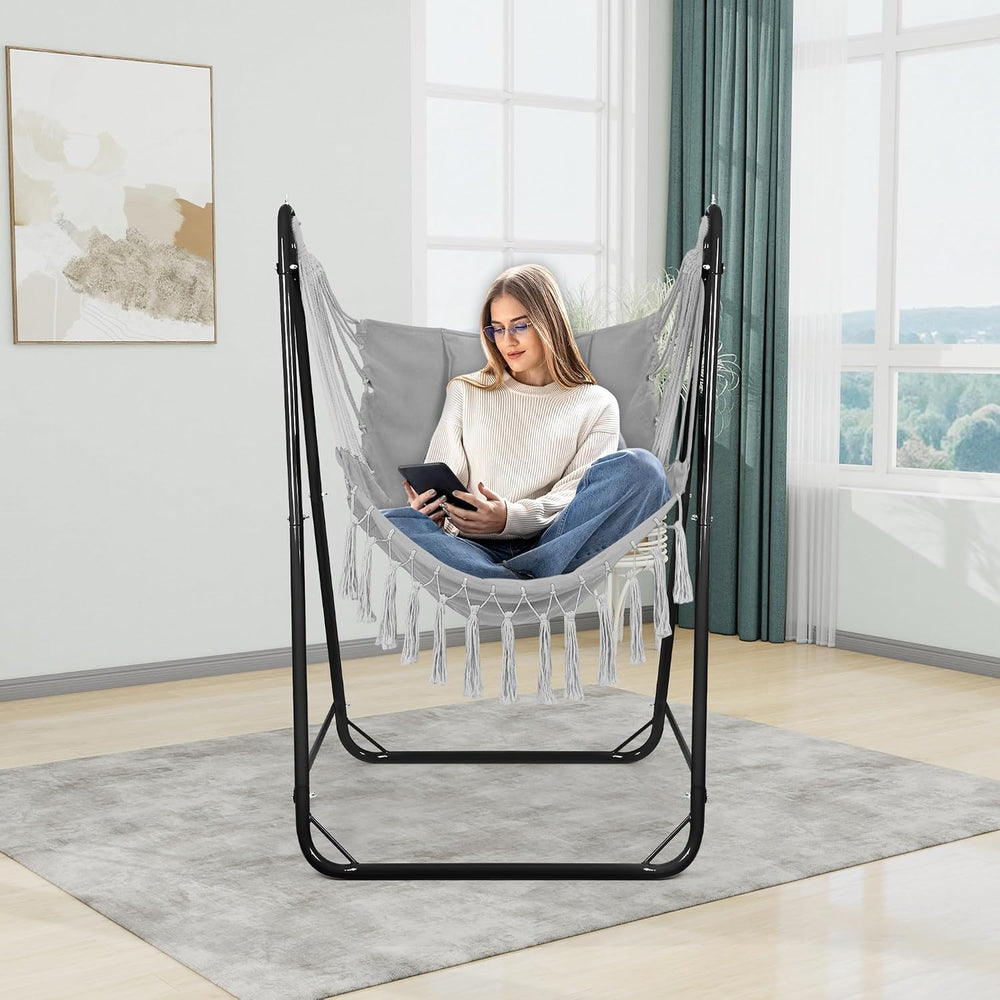 Hammock Chair with U Shape Stand, Cotton Swing Chair with Side Pocket