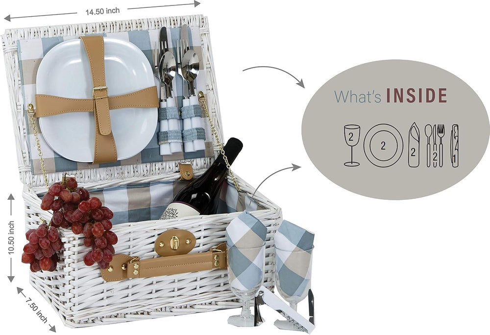 Boothbay White 2 Person Willow Picnic Basket Set with Plates Flatware Wine Gl...