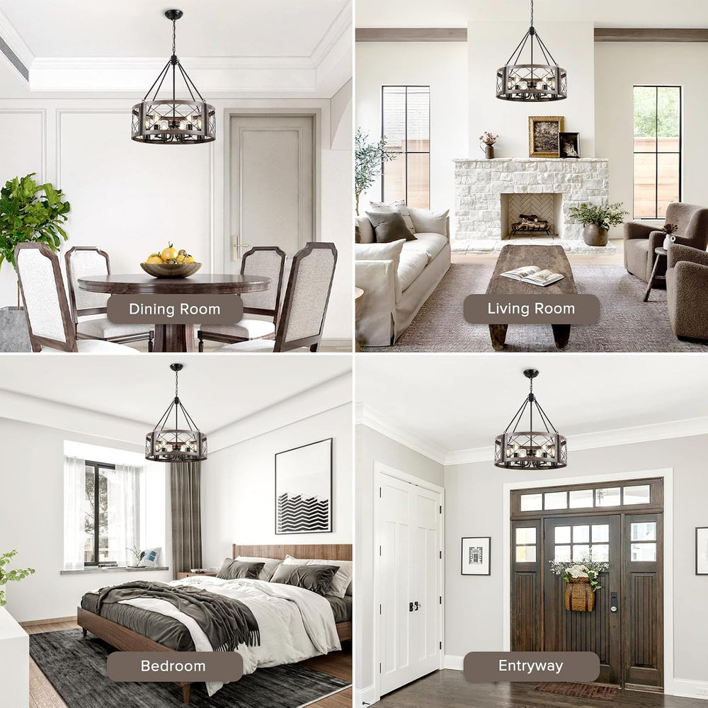 Farmhouse Drum Chandelier for Dining Room, 22" Rustic Black Chandelier w...