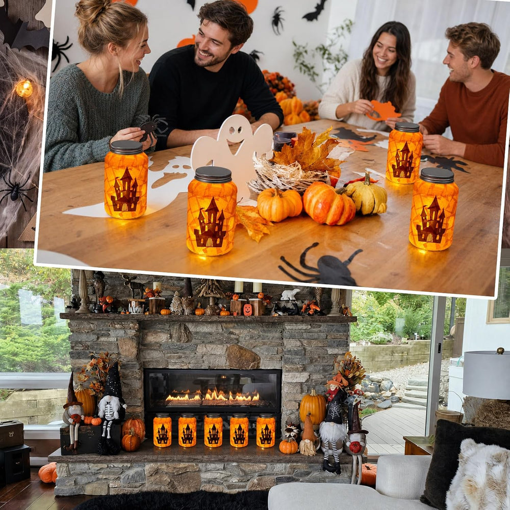 Qinyoung 12 Pcs Halloween Crafts Haunted House Mason Jars with LED Light