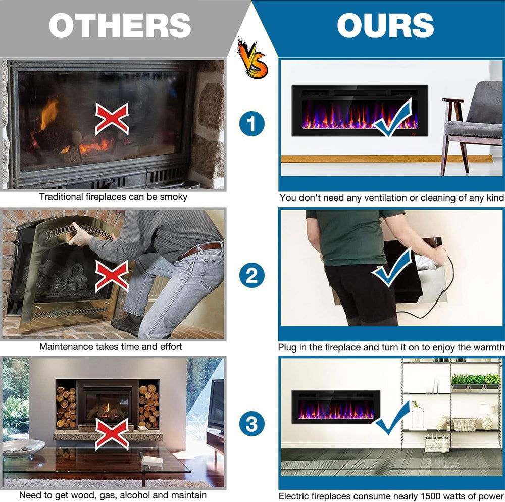 43 Inch Electric Fireplace Recessed and Wall Mounted, Fireplace Heater and Li...