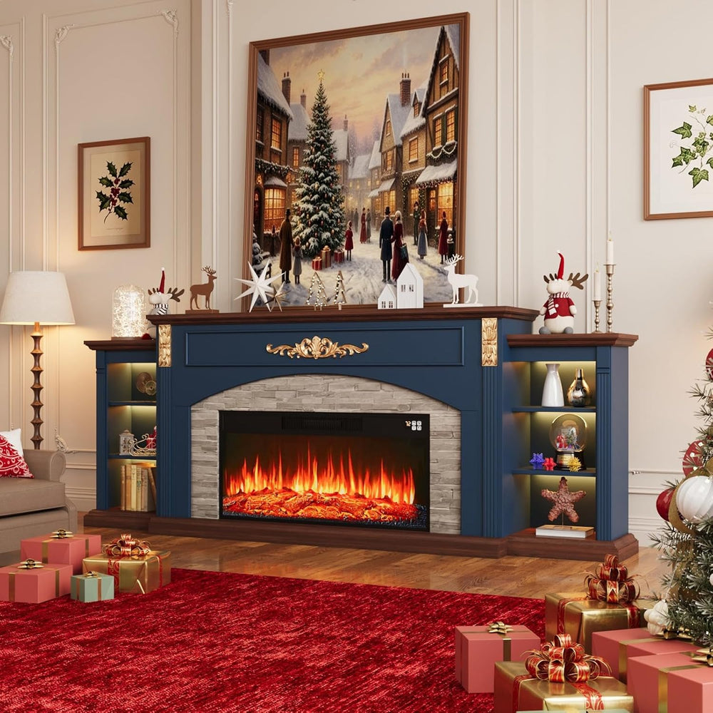 90inch Fireplace TV Stand, Fireplace with Mantel Holds TVs up to 100 Inch, Bl...