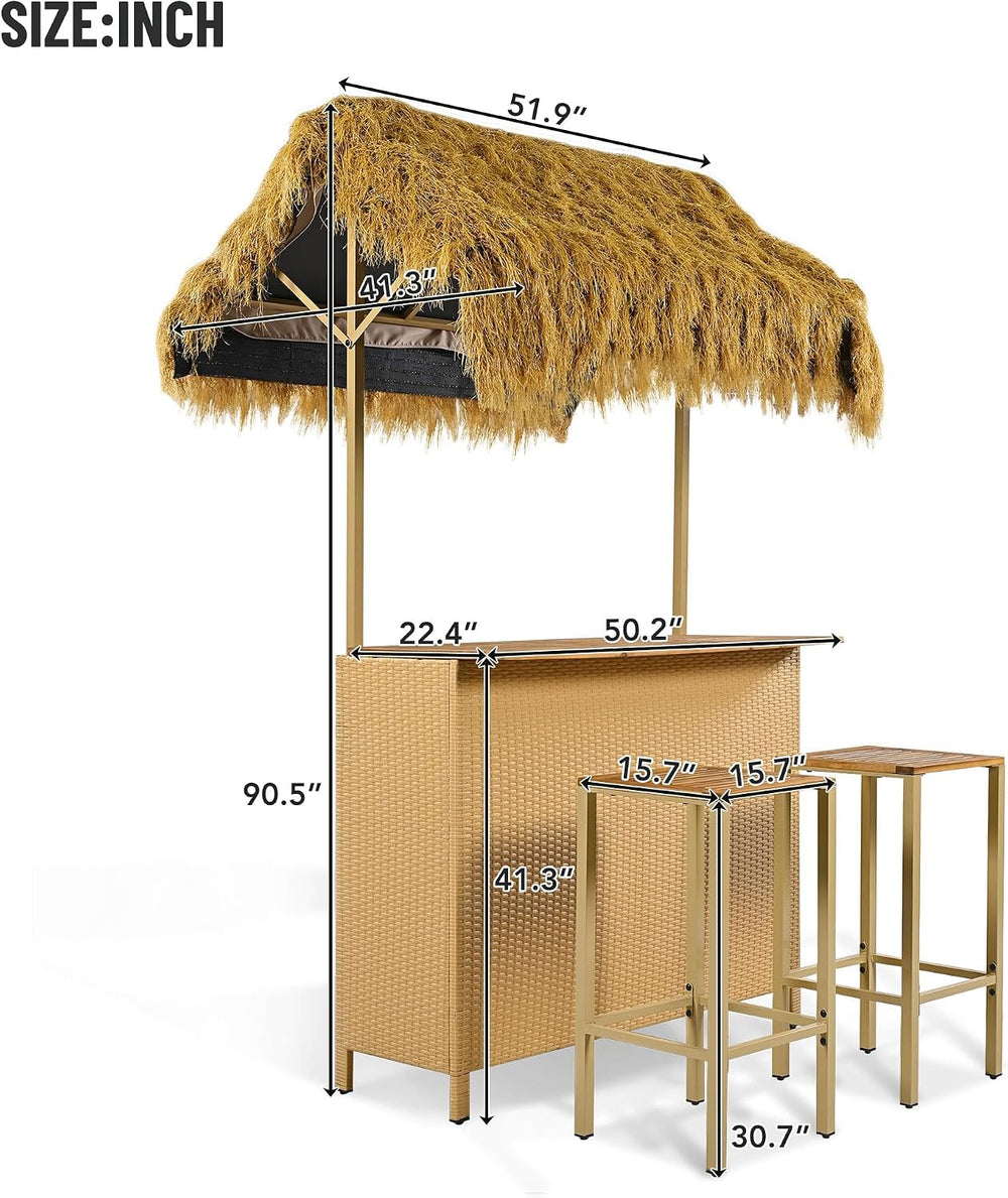 Outdoor Tiki Bar Set - 3 Piece Phuket Patio Wicker Islander Tiki Bar and 2 St...