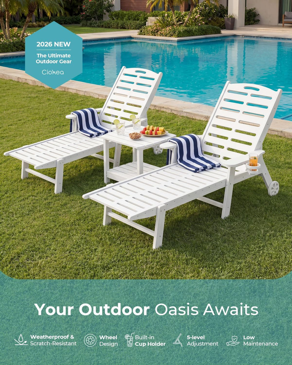 Ciokea Heavy Duty HDPE Chaise Lounge Chairs Outdoor Set of 4, 5-Position Adju...