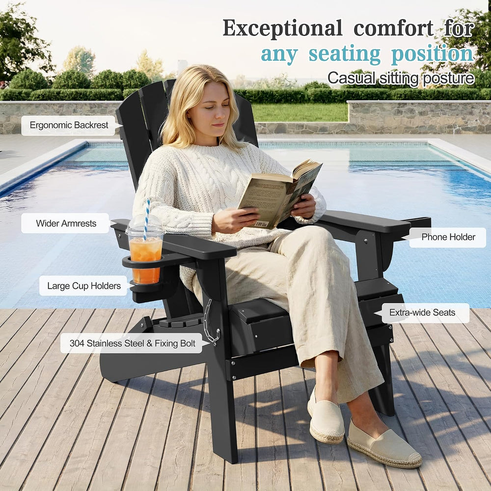 Shintenchi Folding Adirondack Chair,HDPE All-Weather Patio Chair with Cup Hol...