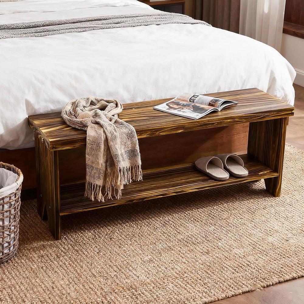 43" Solid Wood Farmhouse Bench, Entryway Bench with Storage Shelf, Vinta...