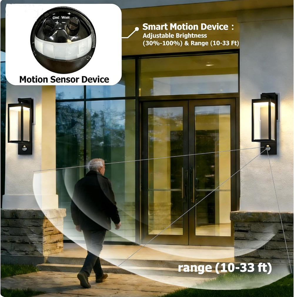 Modern Motion Sensor Outdoor Wall Light Sconce with Glass, 850LM LED, IP65 Wa...