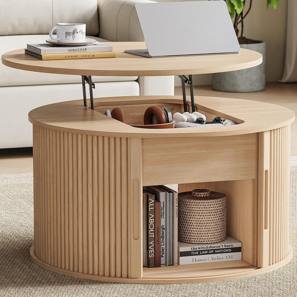 LINSY Lift Top Coffee Table, Round Fluted Coffee Table with Storage, Boho Woo...