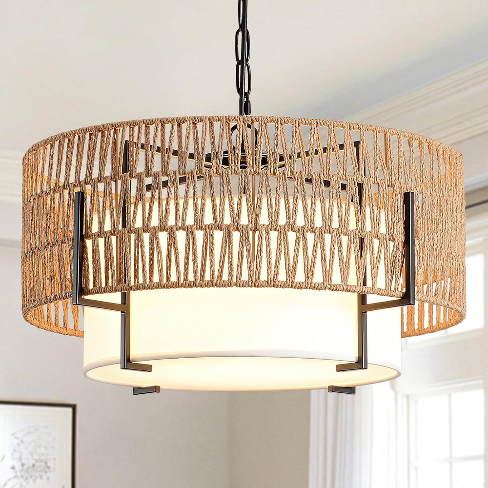 4-Light Boho Chandelier for Dining Room, 19.7" Rattan Pendant Light