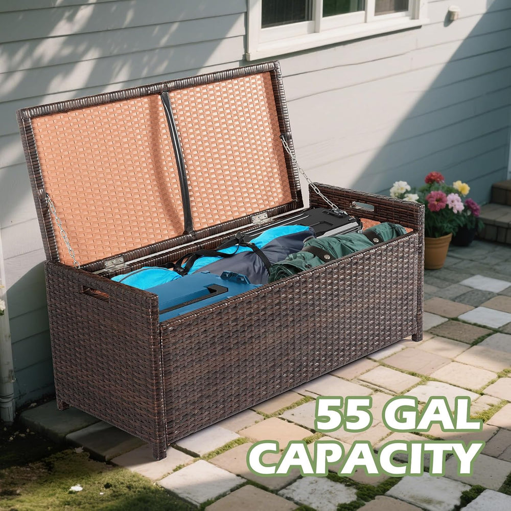 Tappio Deck Box Outdoor Storage Box Bench, PE Rattan Storage Bin with Built-i...