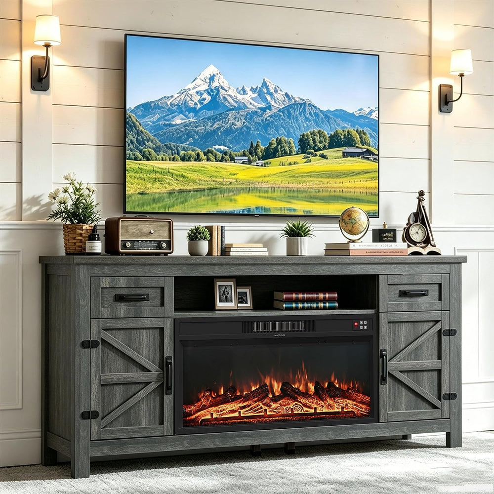 Fireplace TV Stand with Barn Door, 70 inch, Gray