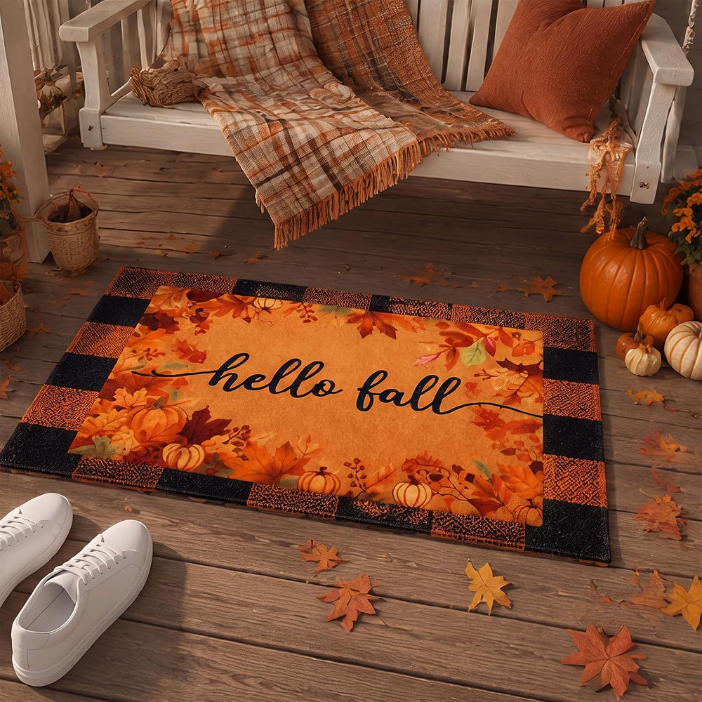 2 Pack Hello Fall Welcome Doormat, Orange Black Checkered Mat Non Slip