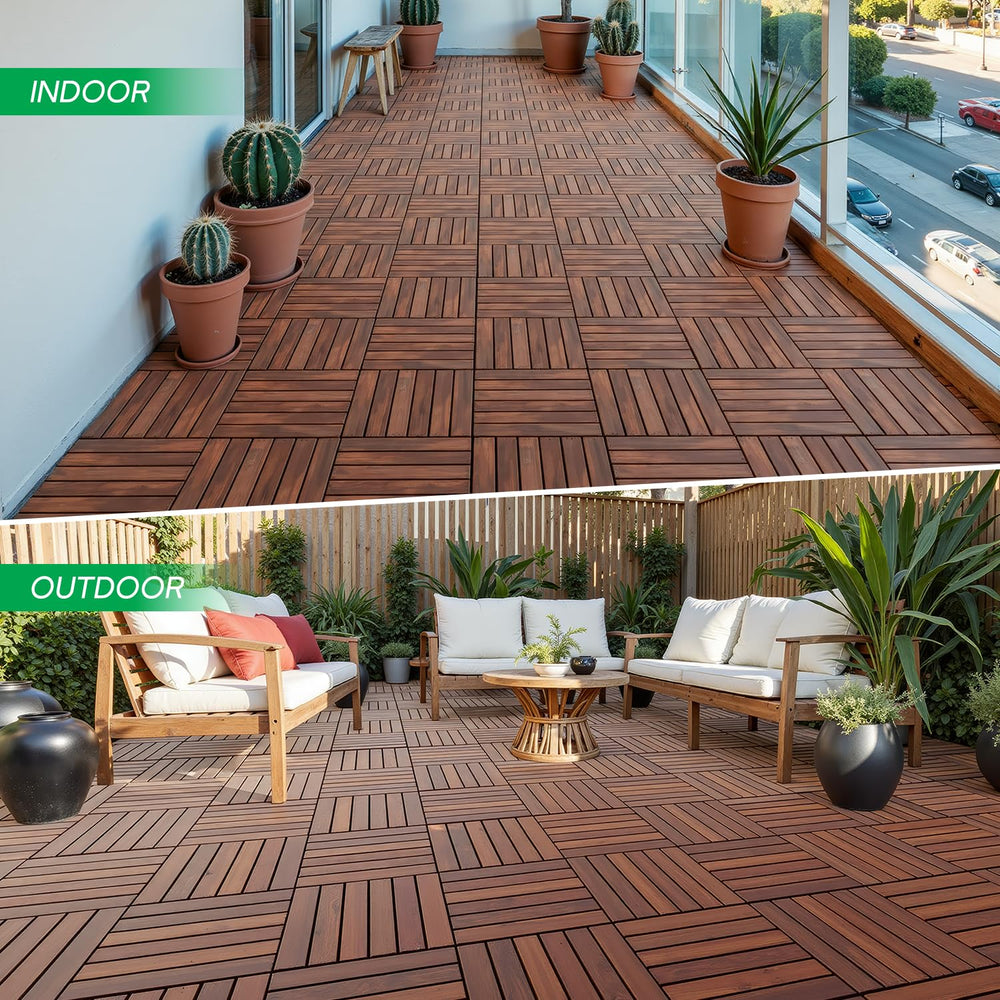 IDZO Interlocking Acacia Deck Tiles 9.6 SQFT, 10PCS, Red Brown, Stripe