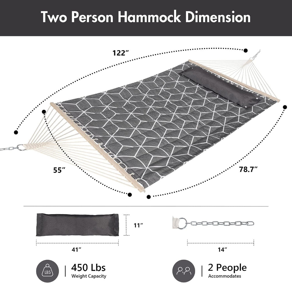 ANOW Double Quilted Hammock with Spreader Bars and Large Pillow, Gray Cube