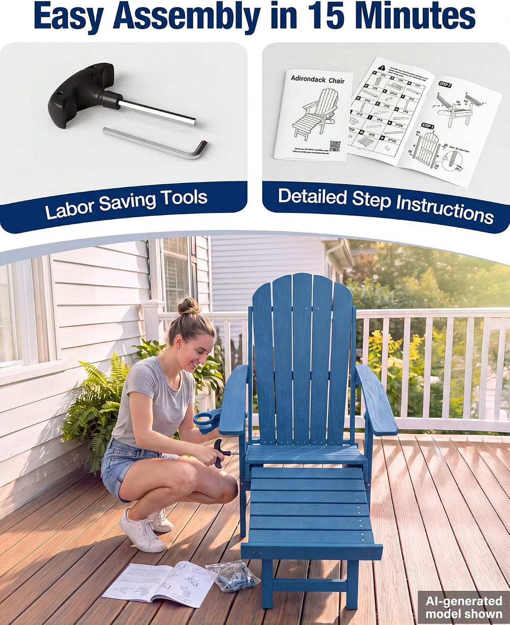 YEFU Adirondack Chairs with Footrest Set of 4, HDPE Adirondack Chair, Blue