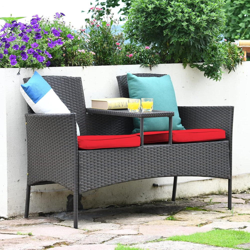 Tangkula Outdoor Rattan Loveseat, Patio Conversation Set with Cushions & ...