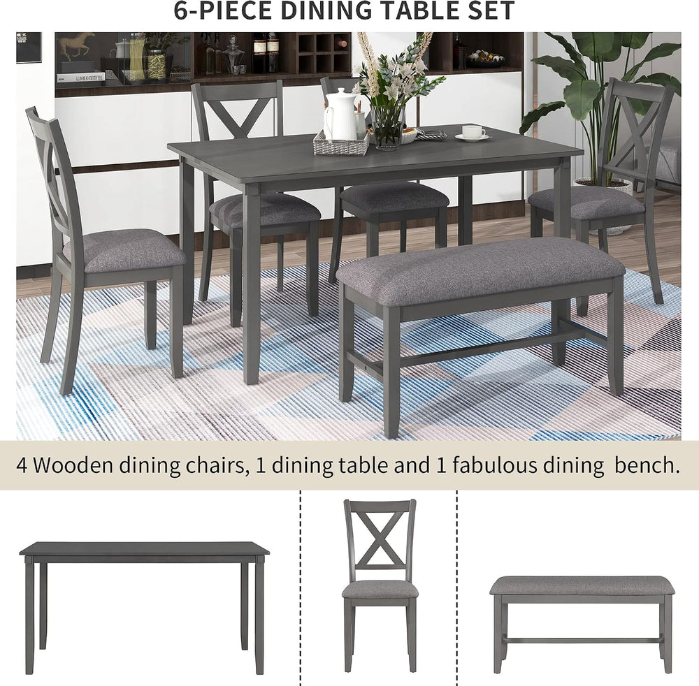 Merax 6-Piece Farmhouse Dining Table Set, 60" Solid Wood Rectangular Kit...