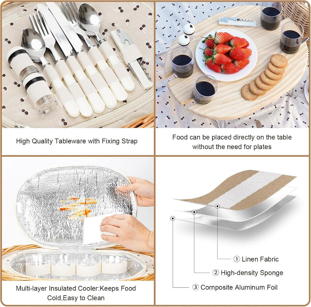 Wicker Picnic Baskets Set for 4 with Wine Table for Family, Beige