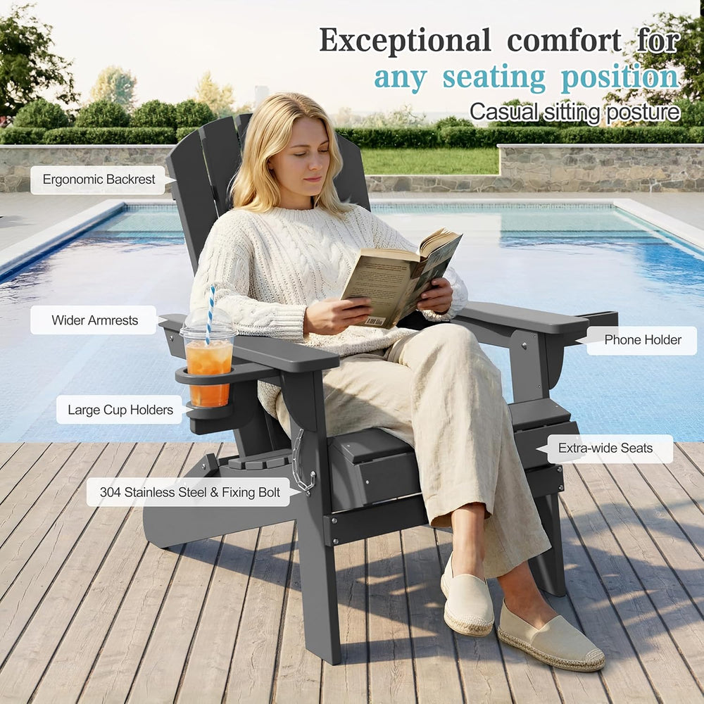 Shintenchi Folding Adirondack Chair,HDPE All-Weather Patio Chair with Cup Hol...