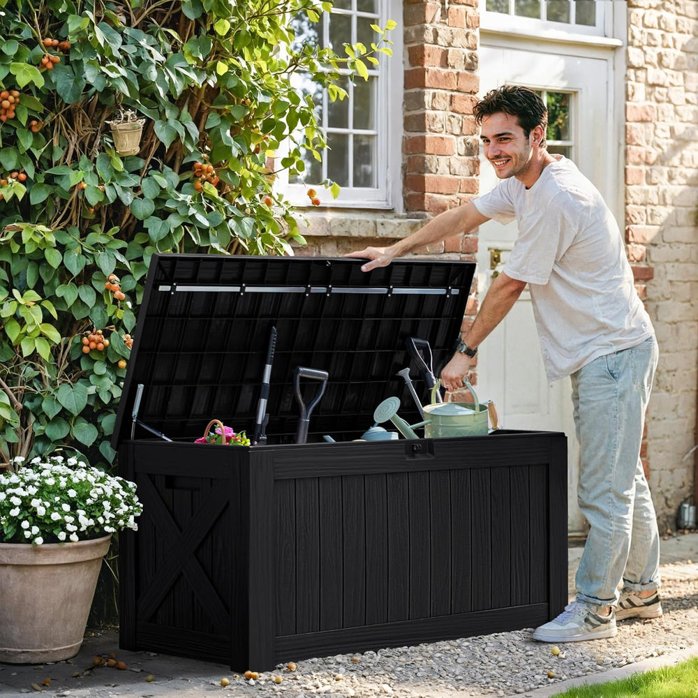 Greesum 120 Gallon Deck Box, Resin Outdoor Storage Container, Black