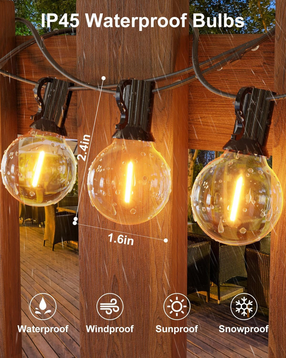 GLUROO 120FT Outdoor String Lights, G40 LED Patio Lights with 64pcs Bulbs, Wa...