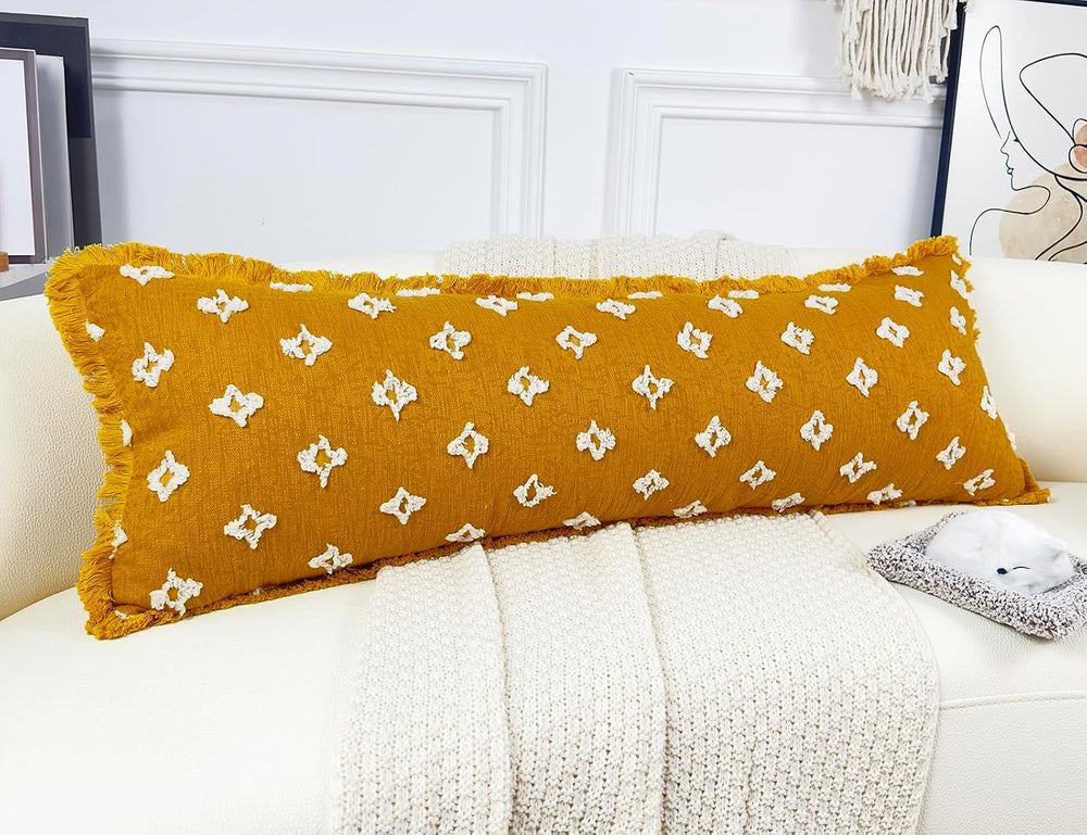 Boho Long Lumbar Pillow Cover 14x48 with Tassel Fringe,3D Flower Patterned Ex...