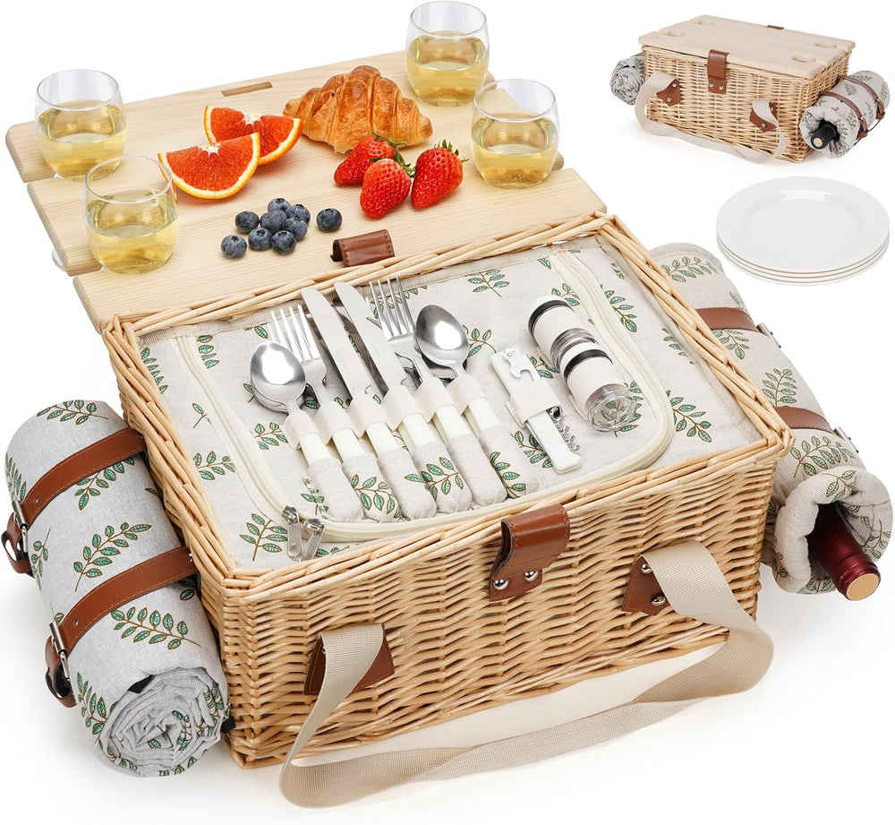 HappyPicnic Picnic Basket for 4, Handmade Wicker Picnic Set with Folding Tabl...