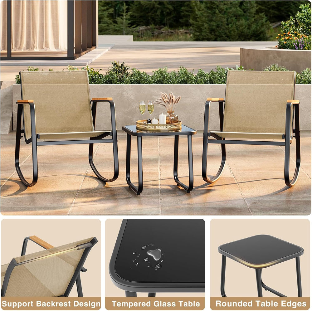 Ahomly 3-Piece Outdoor Rocking Bistro Set, Patio Set Textilene, Brown