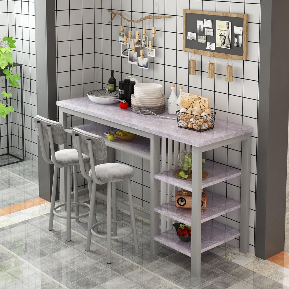 AWQM 3-Piece Bar Table and Chairs Set, Modern Gray Table with 2 PU Cushion Ba...