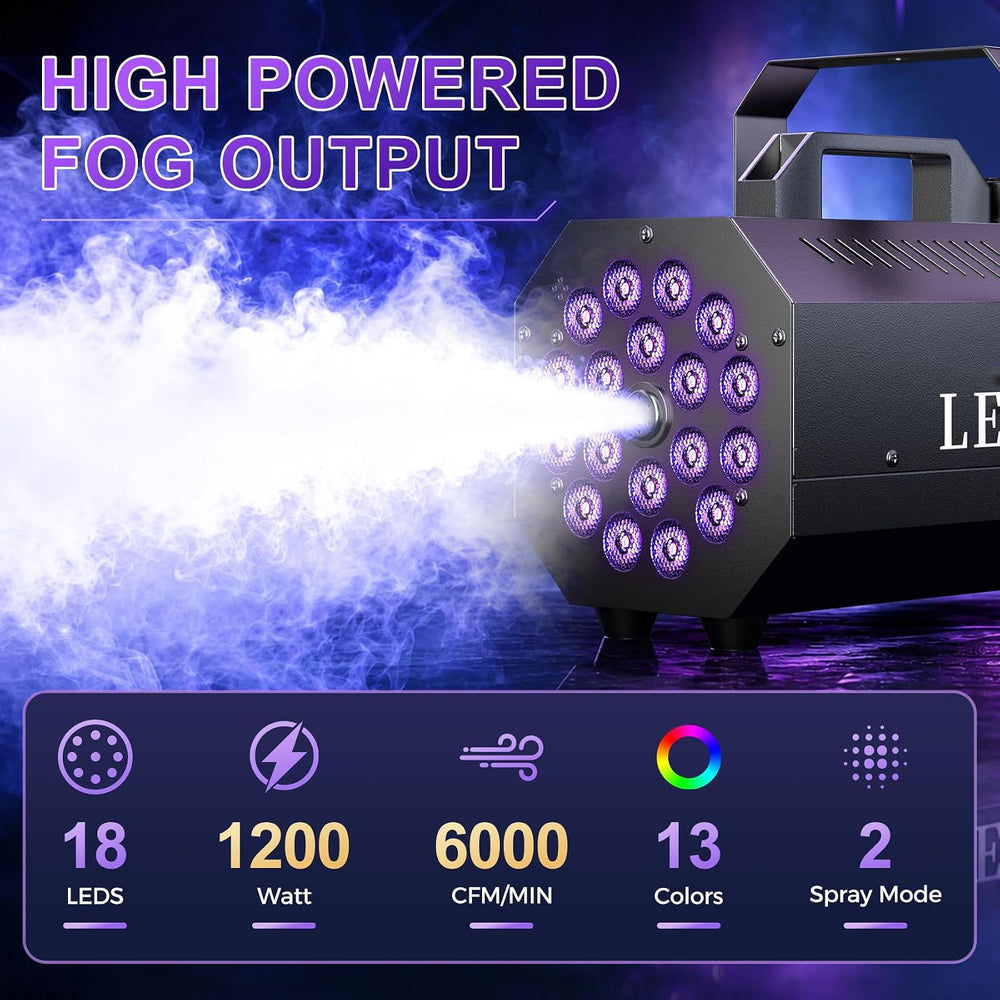 1200W Fog Machine, 6000CFM for Halloween, 18 LED Lights & Remote