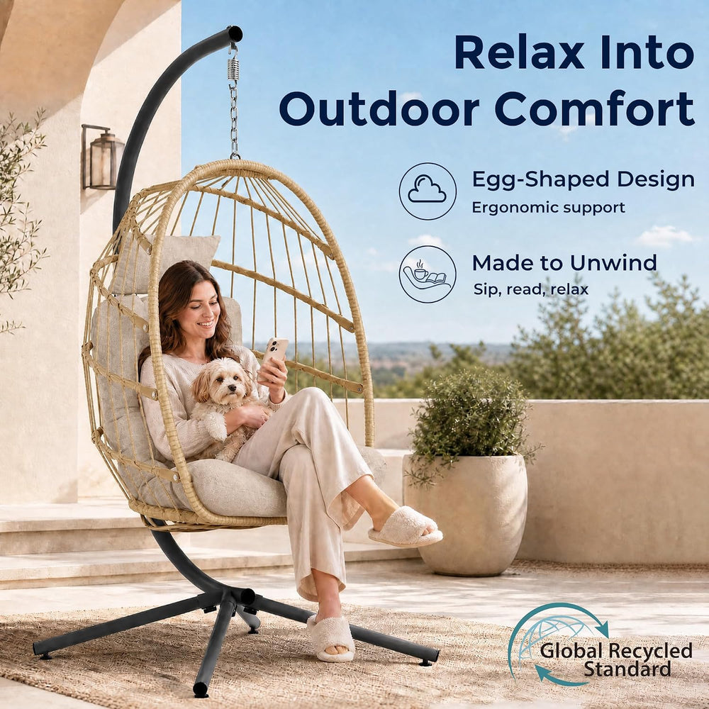SWITTE Egg Chair Outdoor with Stand, Indoor Wicker Hanging Egg Swing, Cream