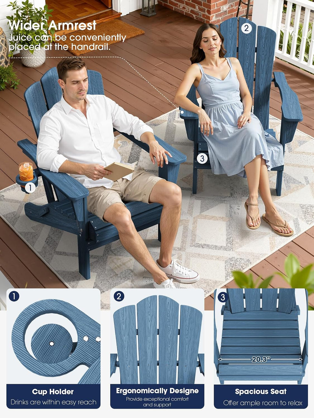 KINGYES Folding Adirondack Chair Set of 6 with Cup Holder, Navy