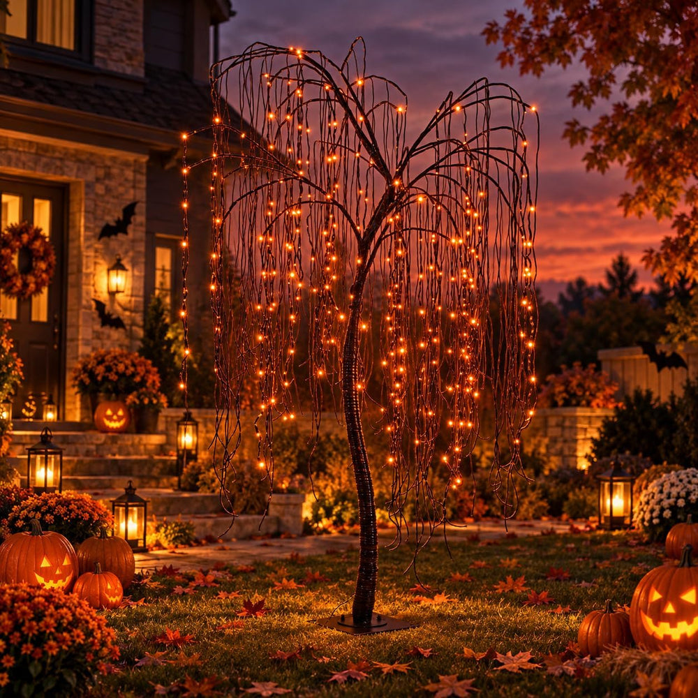 7 FT Halloween Lighted Willow Tree 256 LED Orange Lights Artificial Weeping W...