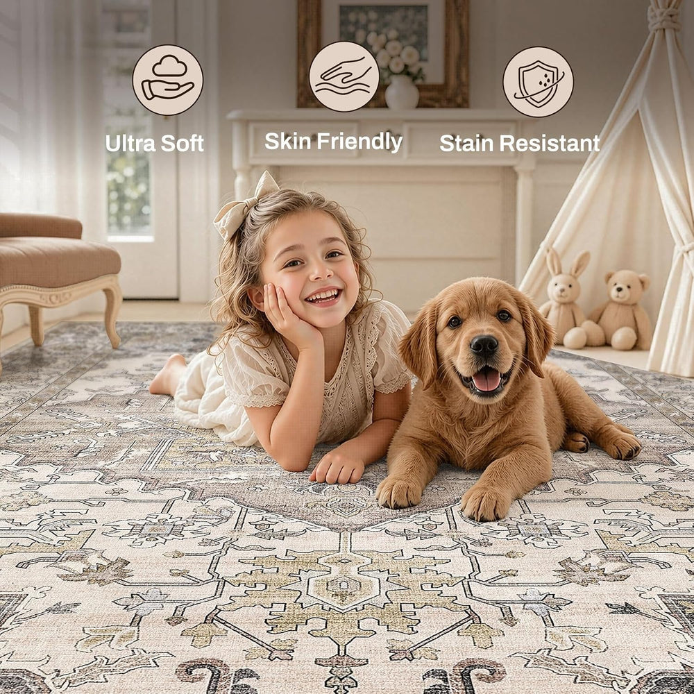8x10 Area Rugs for Living Room: Washable Soft Brown Neutral Rug