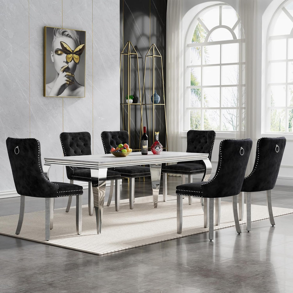 Henf 7 Piece Marble Dining Table Set for 6, 68" Modern Kitchen Dining Ro...