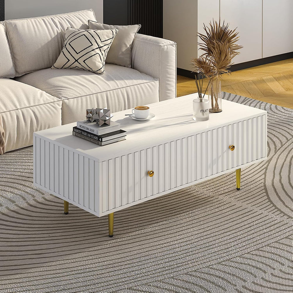 HedoAjim Modern Coffee Table with Storage with 2 Big Drawers, White Rectangle...