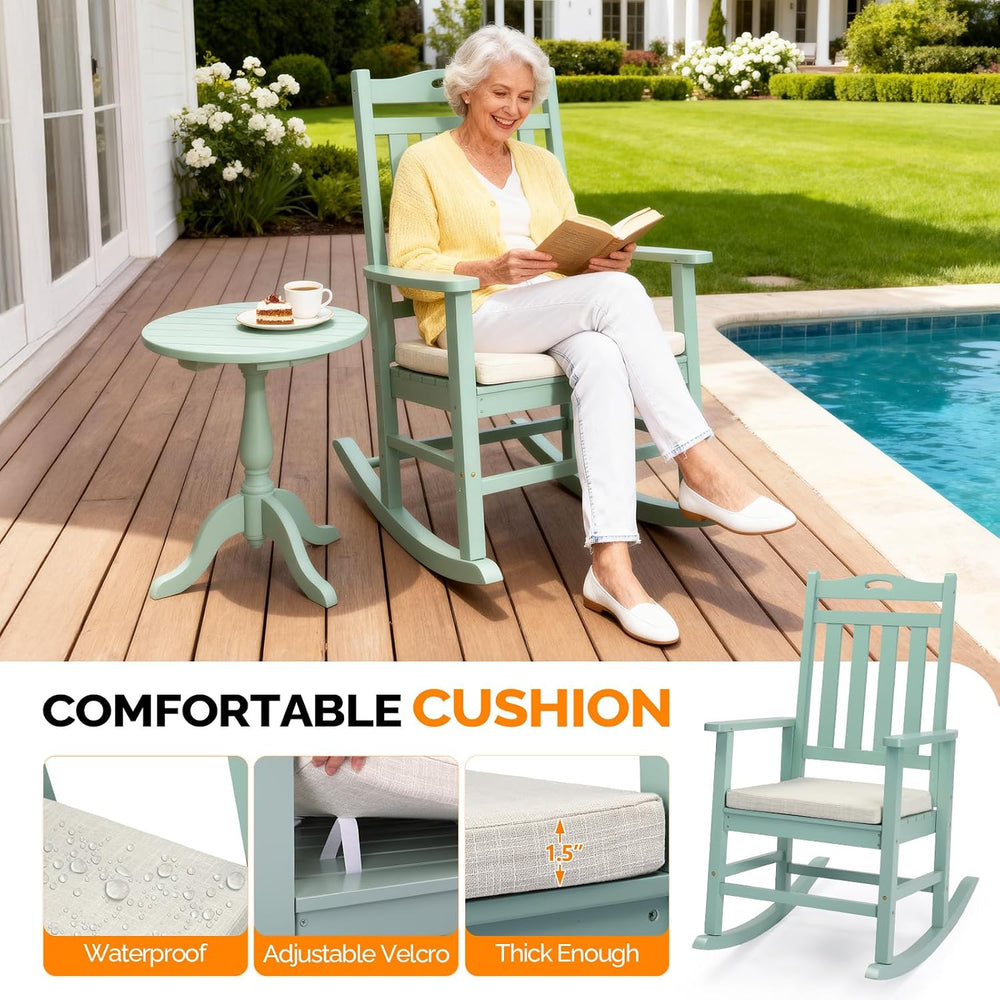 VINGLI Outdoor Rocking Chair, Wooden Rocking Chair with Cushion, Green