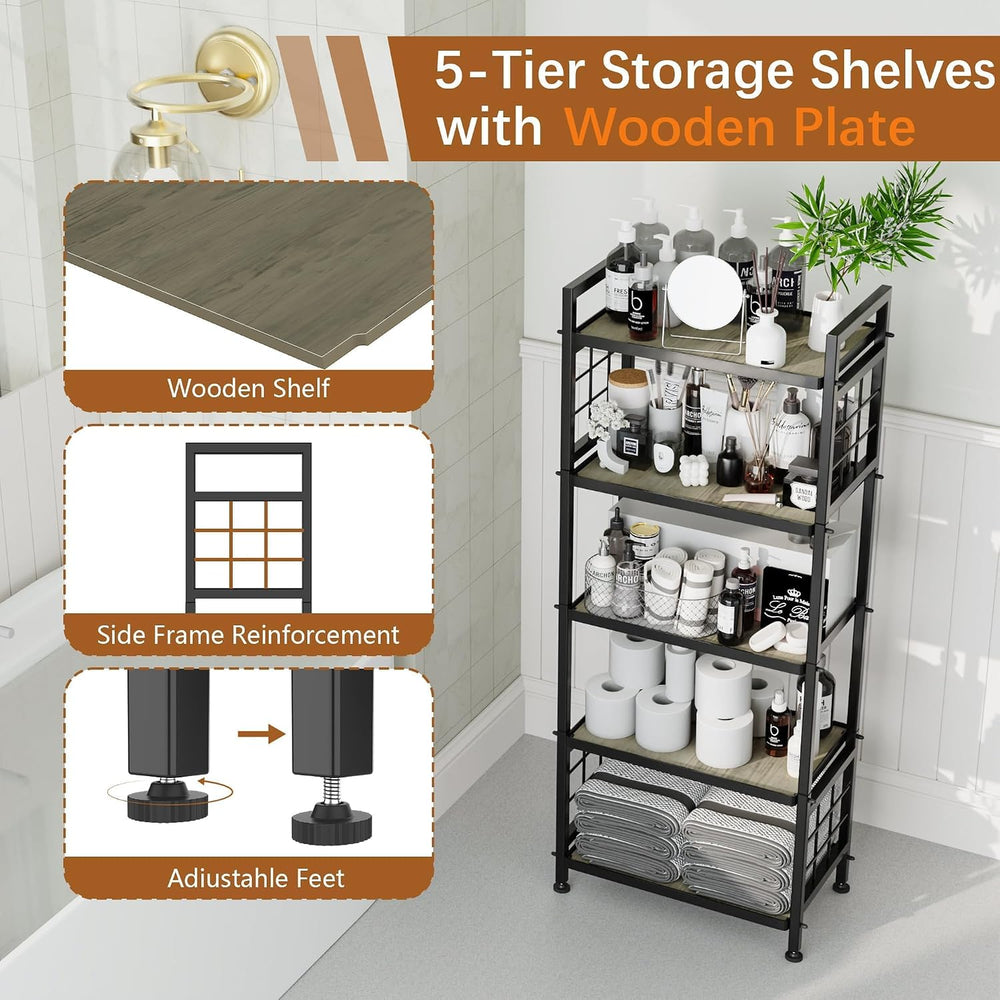 GIOTORENT 5-Tier Pantry Shelves with Wooden Boards, Heavy Duty Storage Shelve...