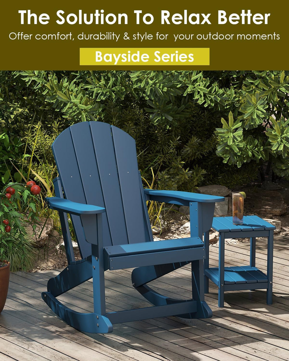 GREENVINES Adirondack Rocking Chairs Set of 2, HDPE Outdoor Rockers, Blue