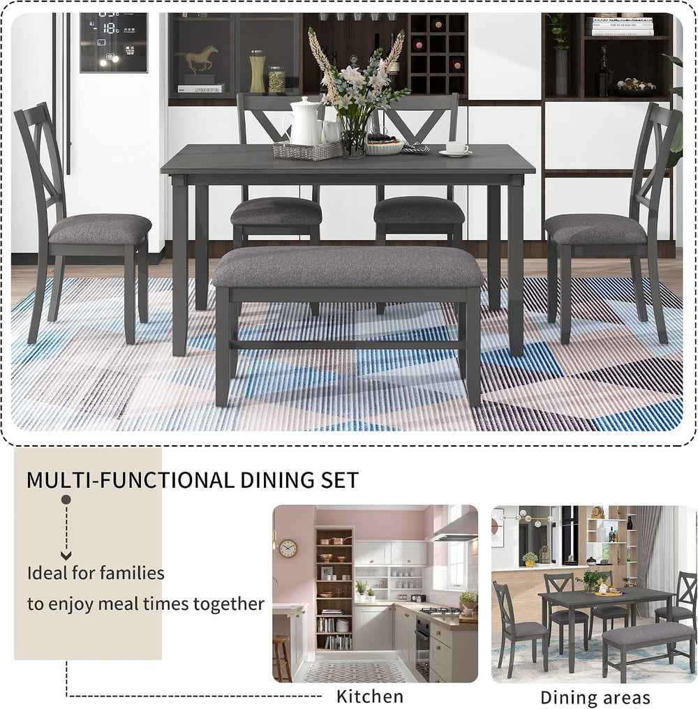 Merax 6-Piece Farmhouse Dining Table Set, 60" Solid Wood Rectangular Kit...